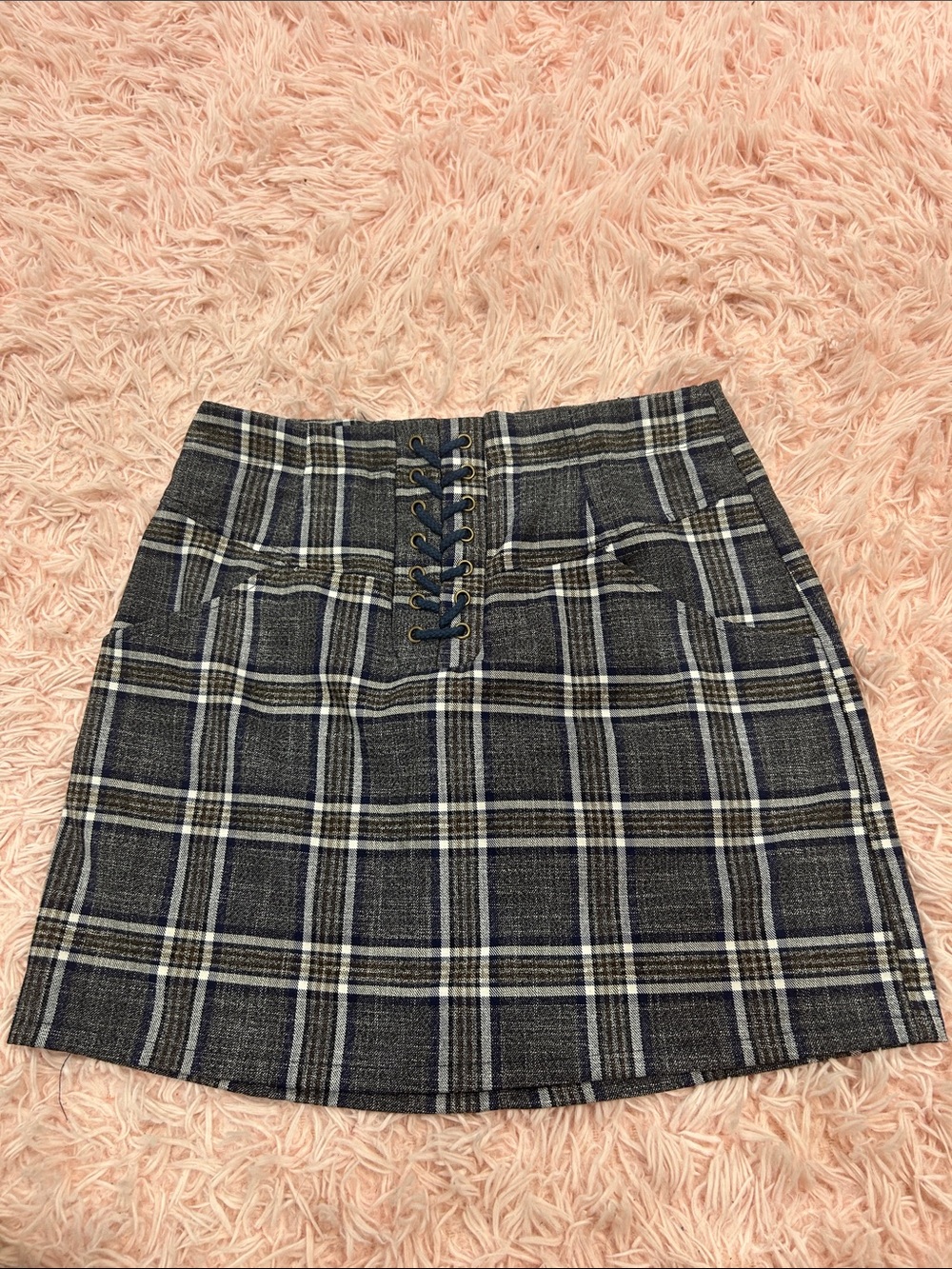 Heartloom Navy and Gray Plaid Lace-Up Mini Skirt